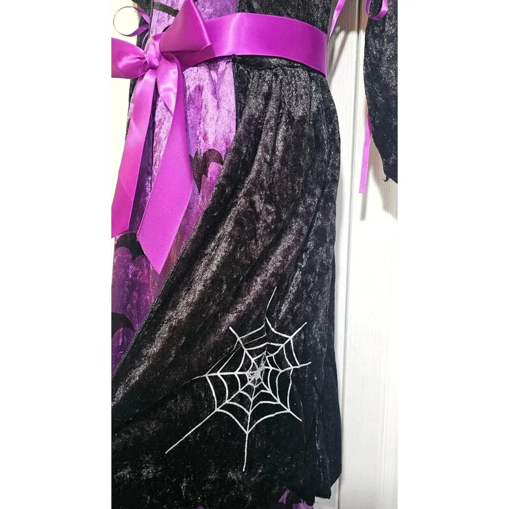 Purple Velvet Bat Witch Costume Girls 4-6 Spiderweb Spider Dress Hat